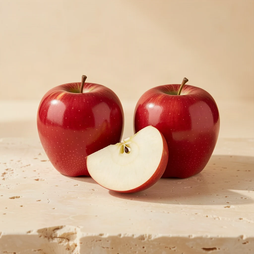 Red apples and one sliced apple on a warm stone surface