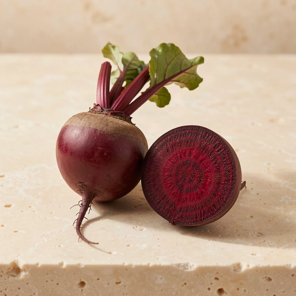 Whole beetroots and a sliced beetroot showing deep red rings