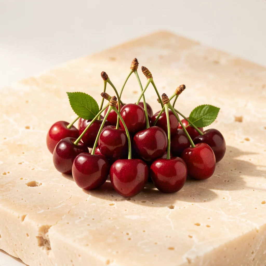 Deep red cherries with stems and green leaves on warm stone