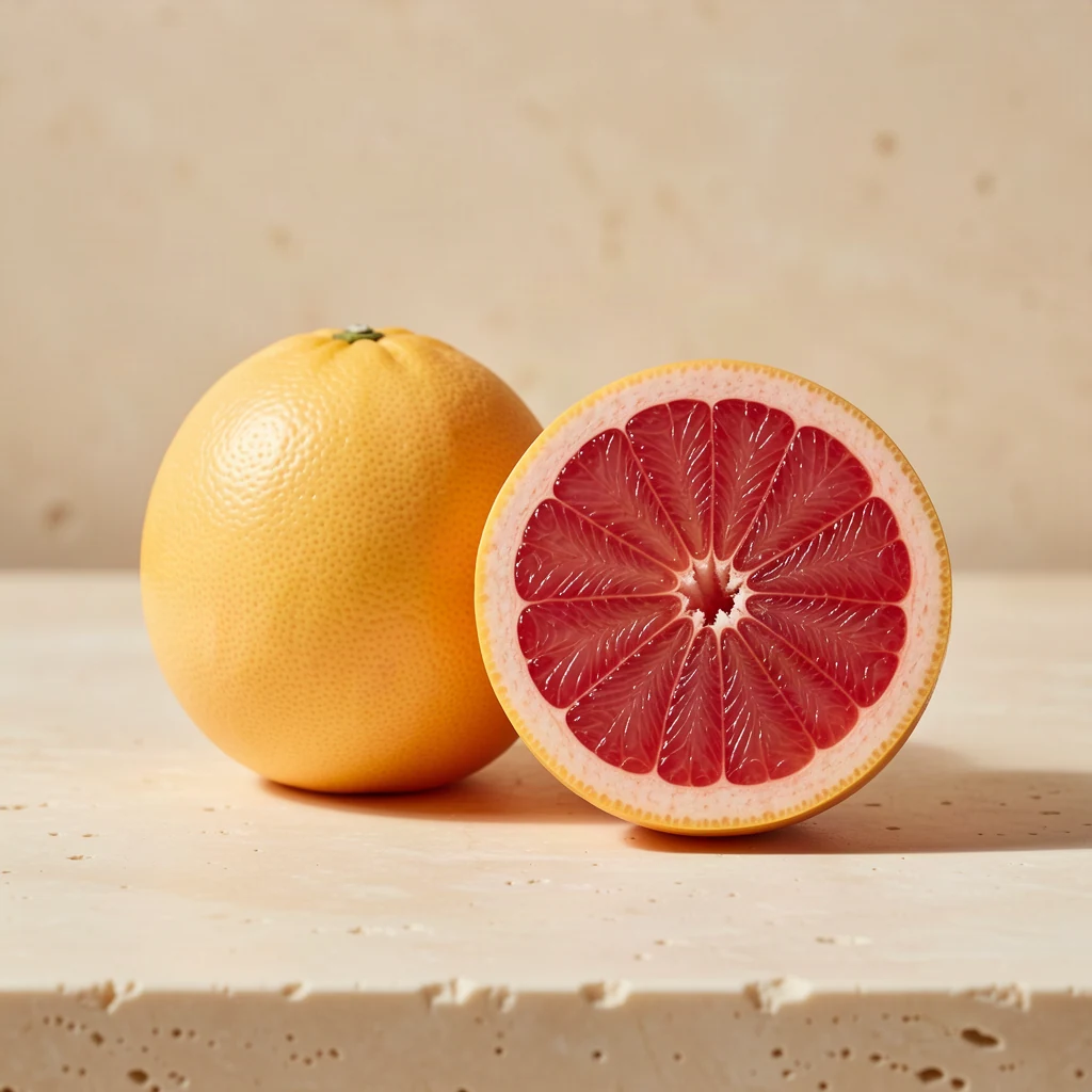 Whole grapefruit and a pink grapefruit half on warm stone