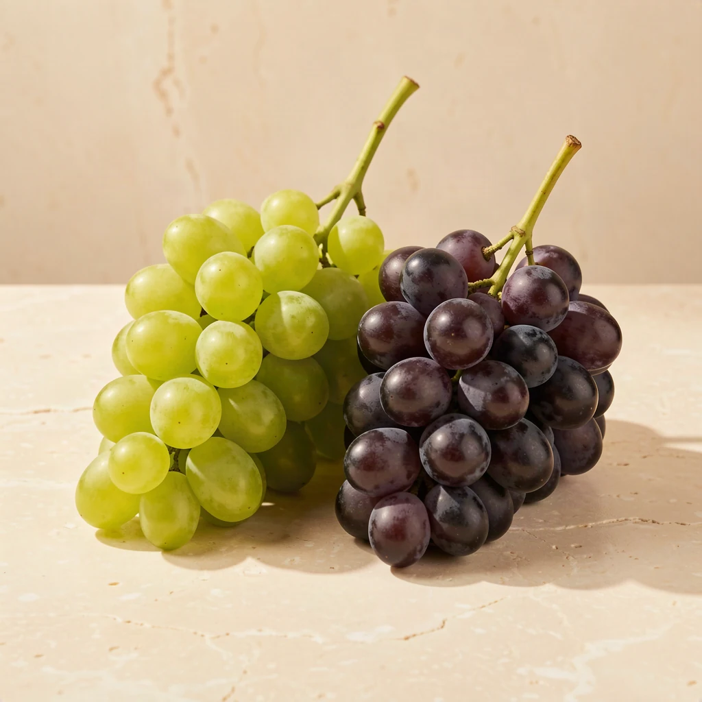 Green and dark grape bunches on a warm stone surface