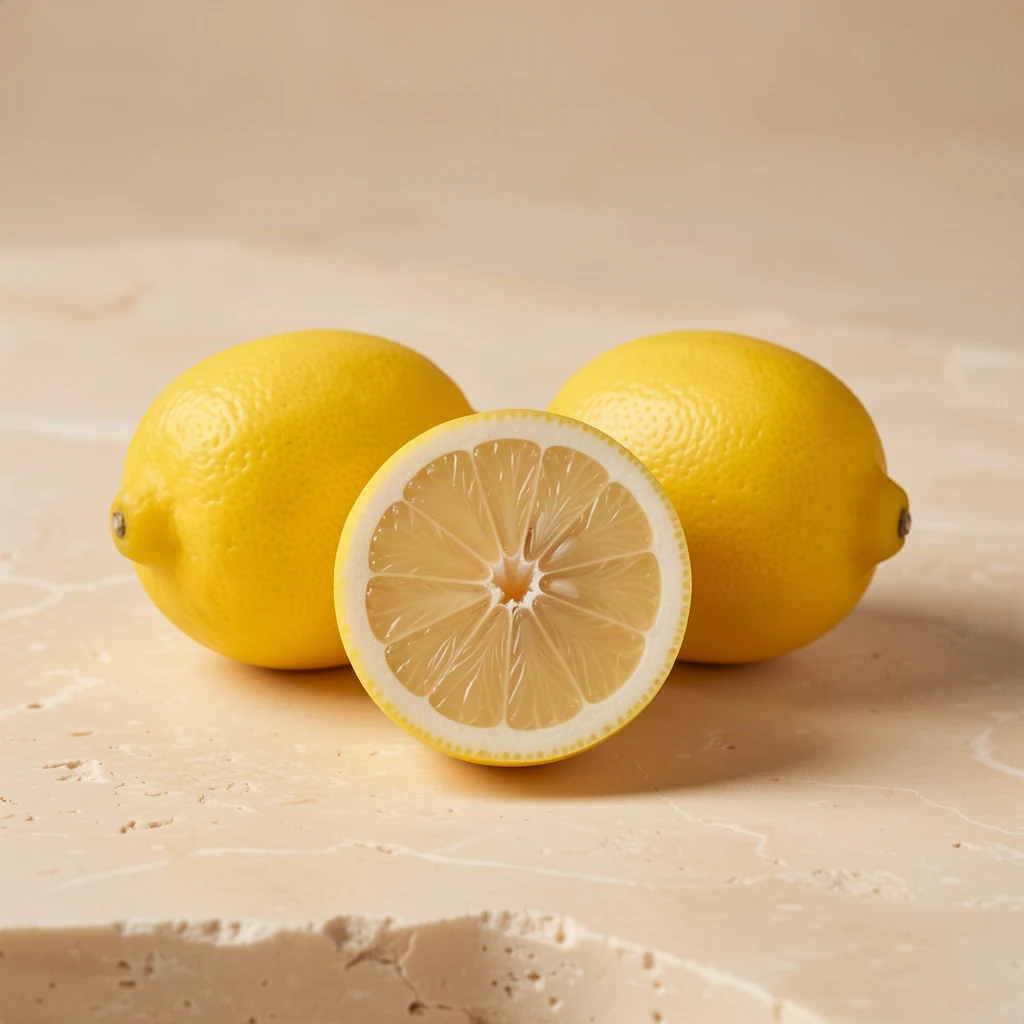 Yellow lemons with green leaves and a sliced lemon on stone