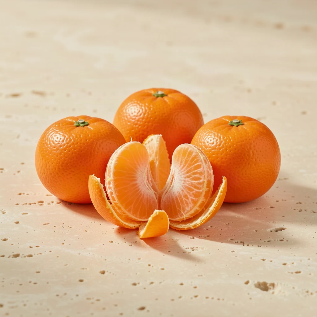 Mandarins with green leaves and peeled segments on warm stone