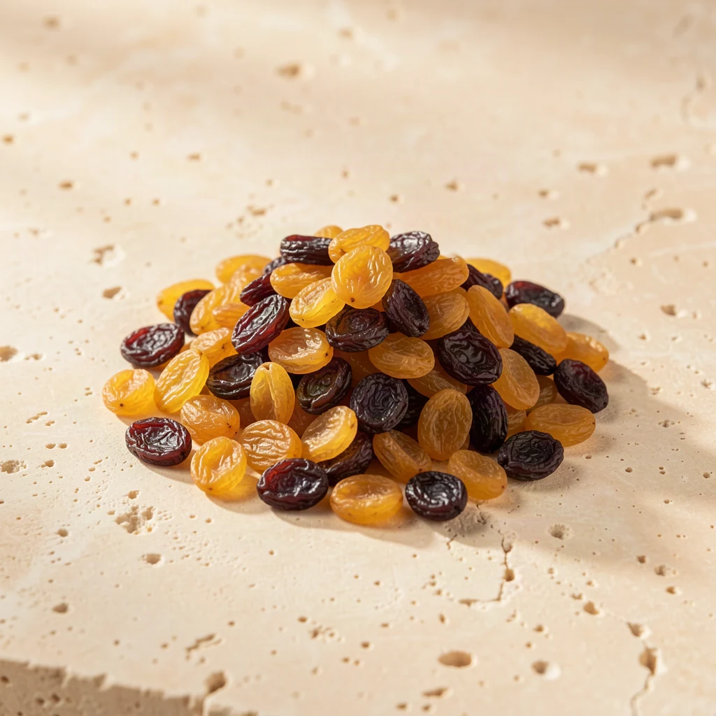 Dark and golden raisins arranged on a warm stone surface