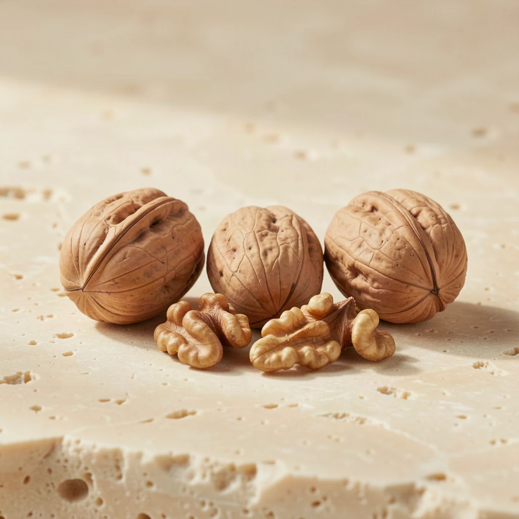 Whole walnuts and walnut kernels on a warm stone surface